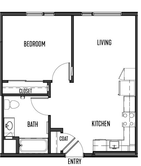 Floor plan for 1 bed, 1 bath, 532 sqft